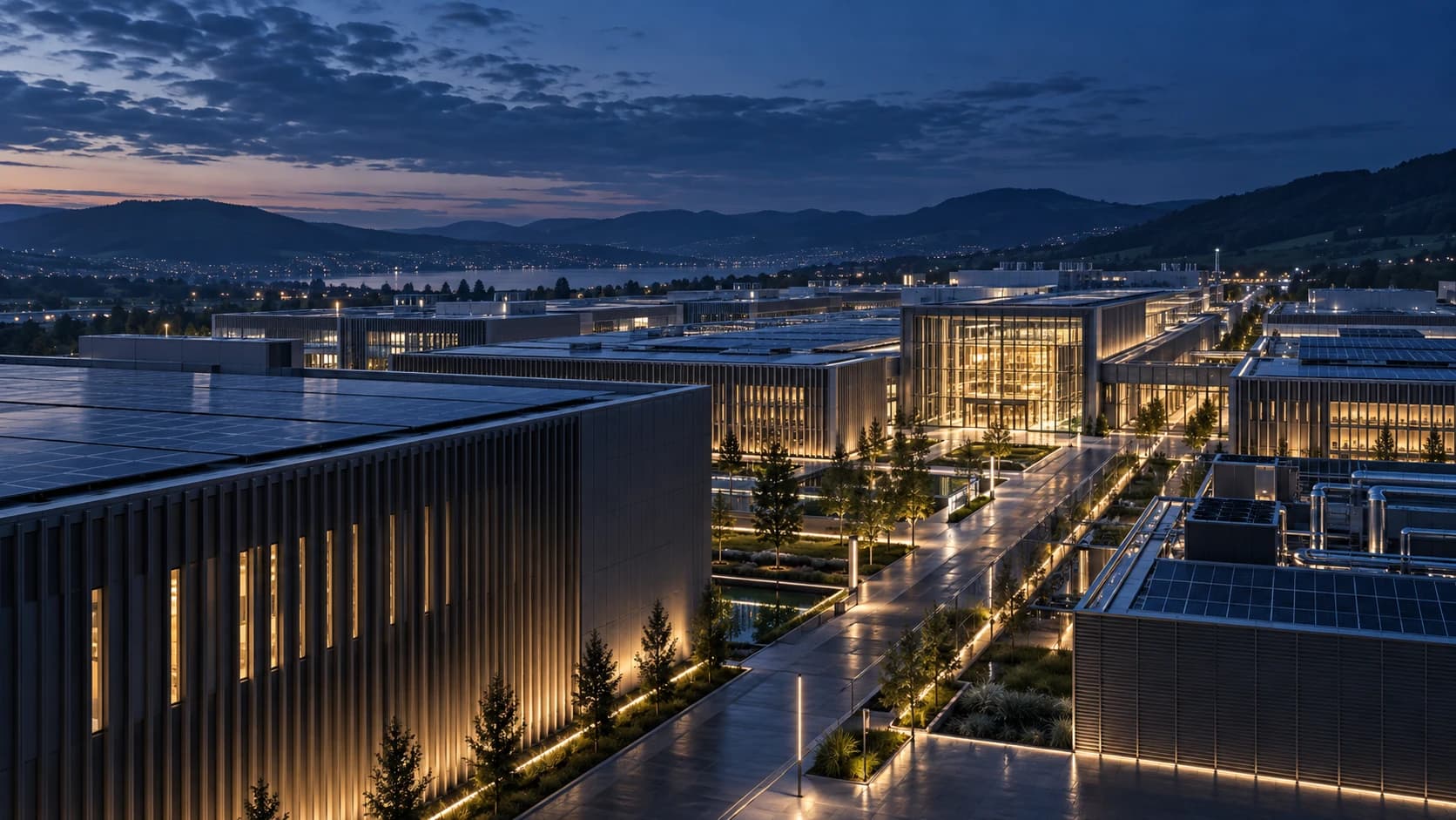 Ampio campus infrastrutturale con impianti fotovoltaici ed edifici illuminati al crepuscolo