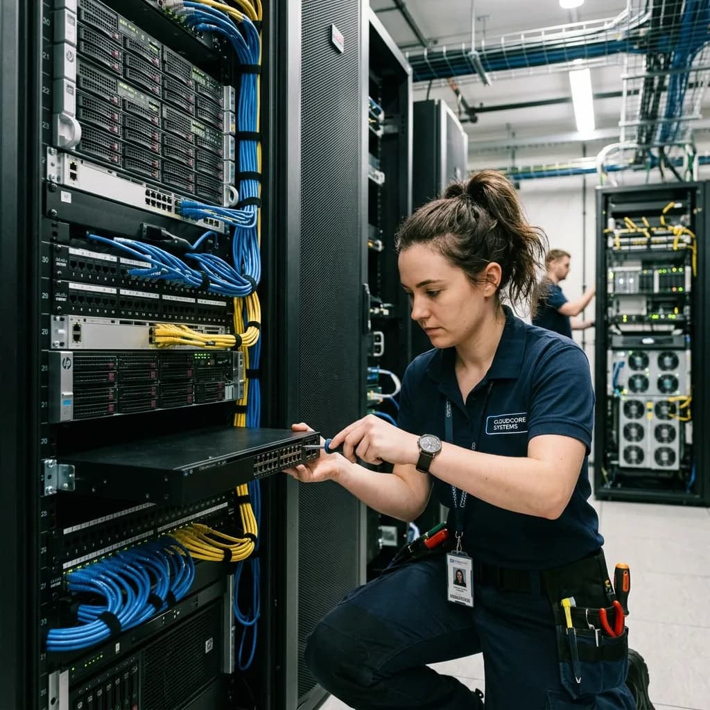 Technikerin montiert einen Netzwerk-Switch in einem verkabelten Serverschrank, im Hintergrund ein Kollege an einem weiteren Rack