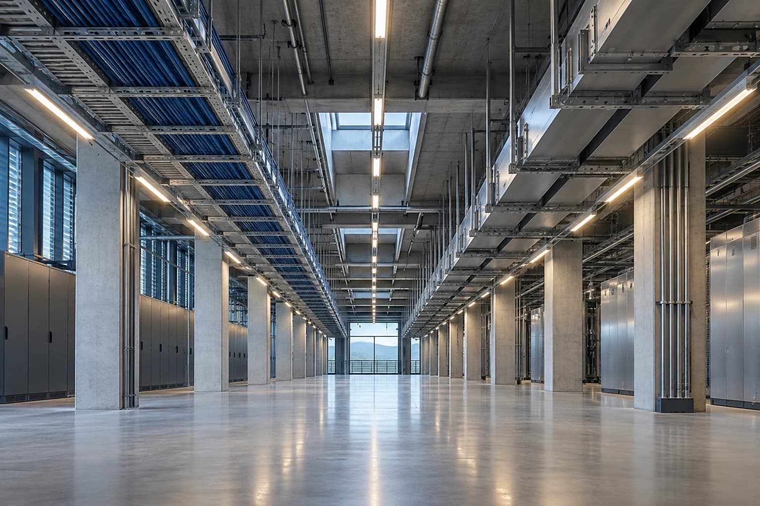 Getrennte Kabel- und Stromführungen in einem weitläufigen Technikgang
