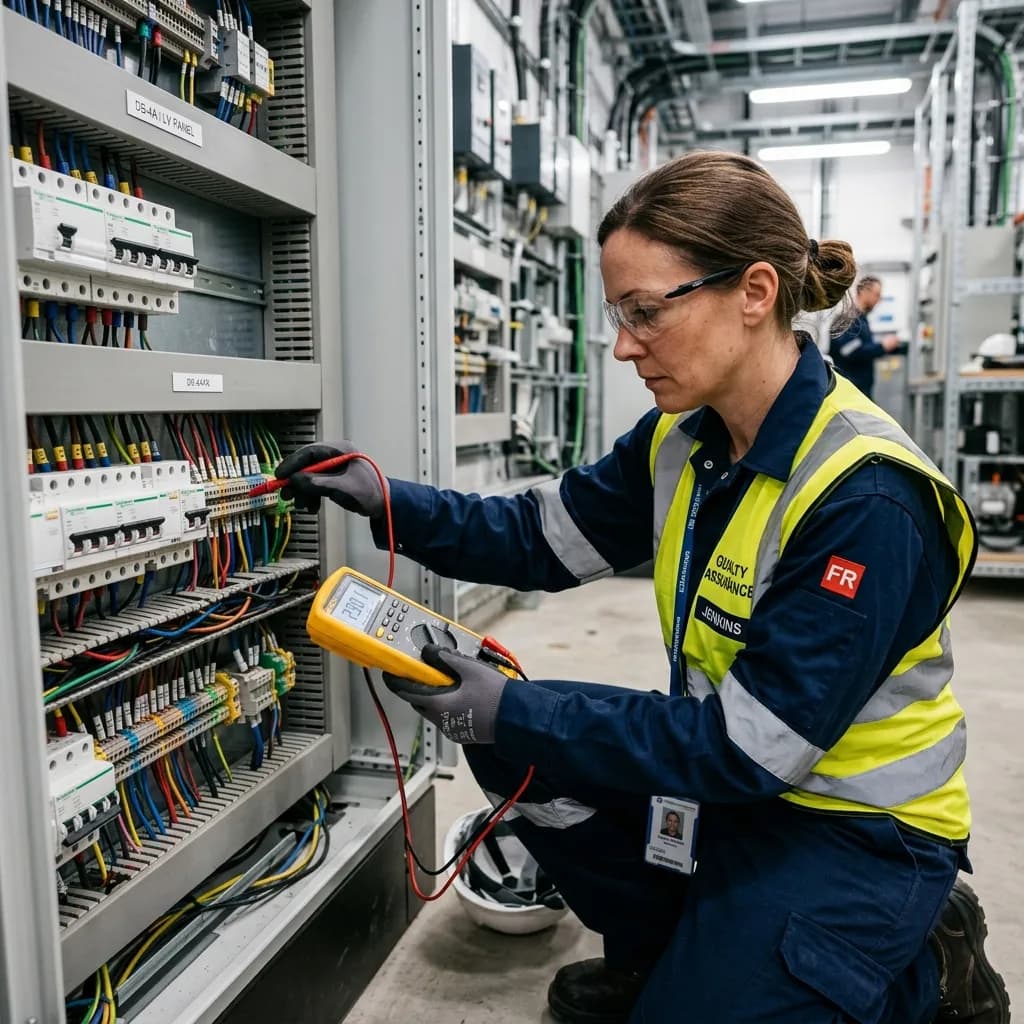 Fachfrau in Warnweste und Schutzbrille prüft mit einem Multimeter die Klemmen einer Elektroverteilung