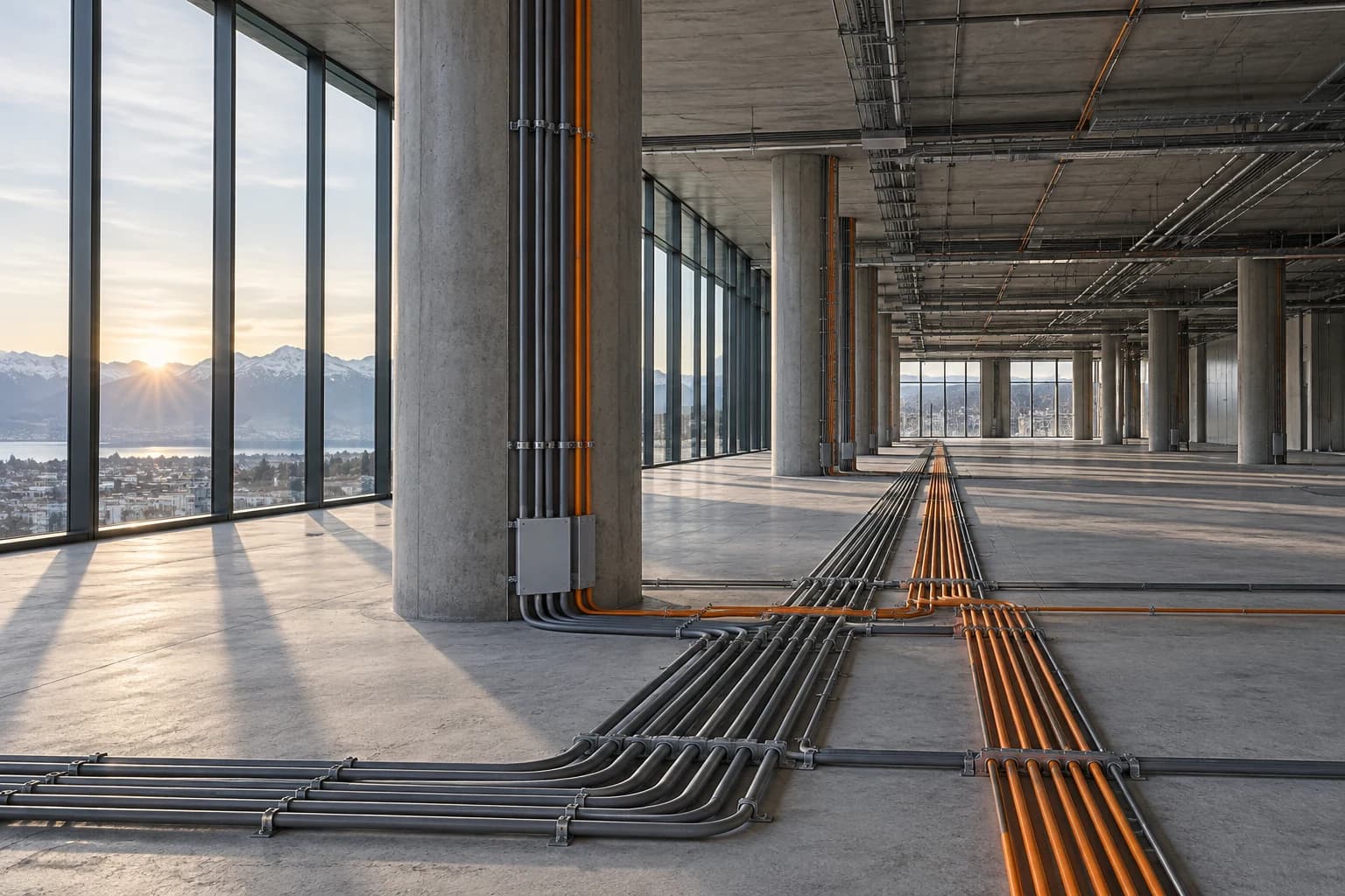 Geordnete Elektroinstallation im Rohbau eines grossen Gebäudes