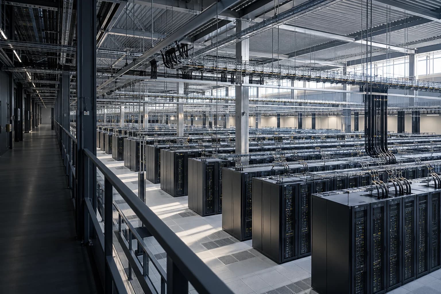 Rechenzentrum mit Doppelboden, Serverschrankreihen und Kabeltrassen an der Decke