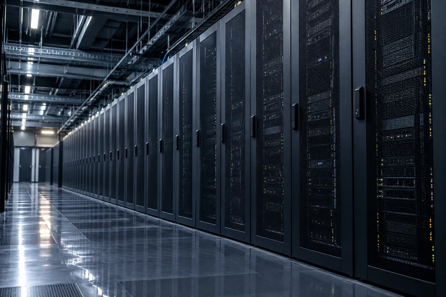Reihe geschlossener Serverschränke mit fein perforierten Türen