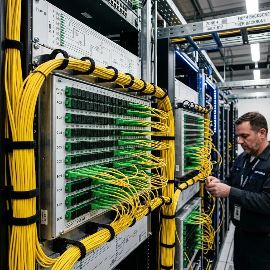 Techniker an einem Glasfaserverteiler mit grünen Kupplungen und gebündelten gelben Patchkabeln