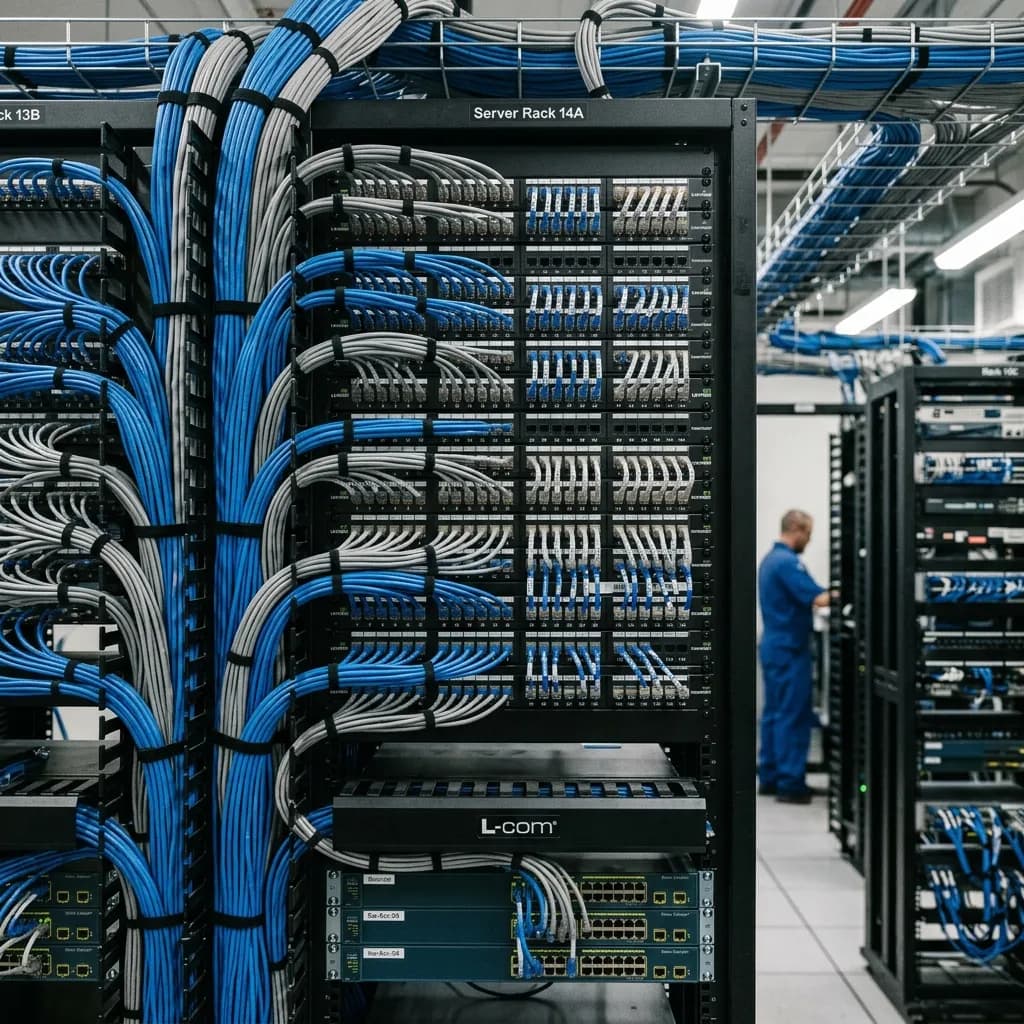 Netzwerkracks mit gebündelten blauen und grauen Patchkabeln, im Hintergrund ein Techniker