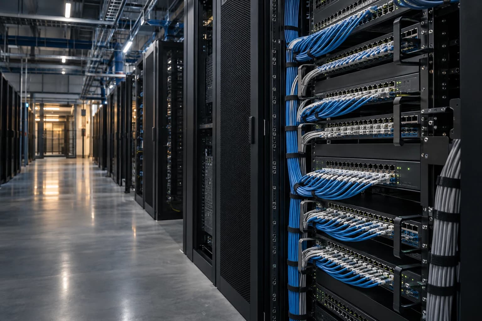 Blaue und graue Netzwerkkabel an sauber aufgebauten Patchfeldern
