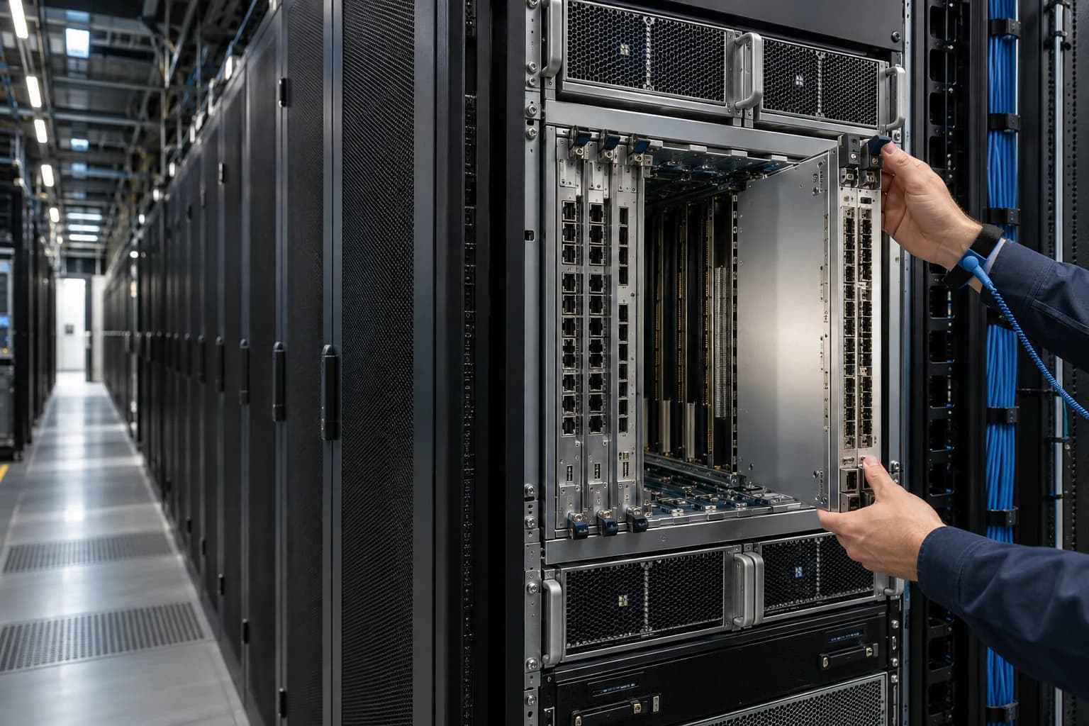 Fachperson setzt eine Netzwerk-Steckkarte in ein abgeschaltetes Gerätechassis ein