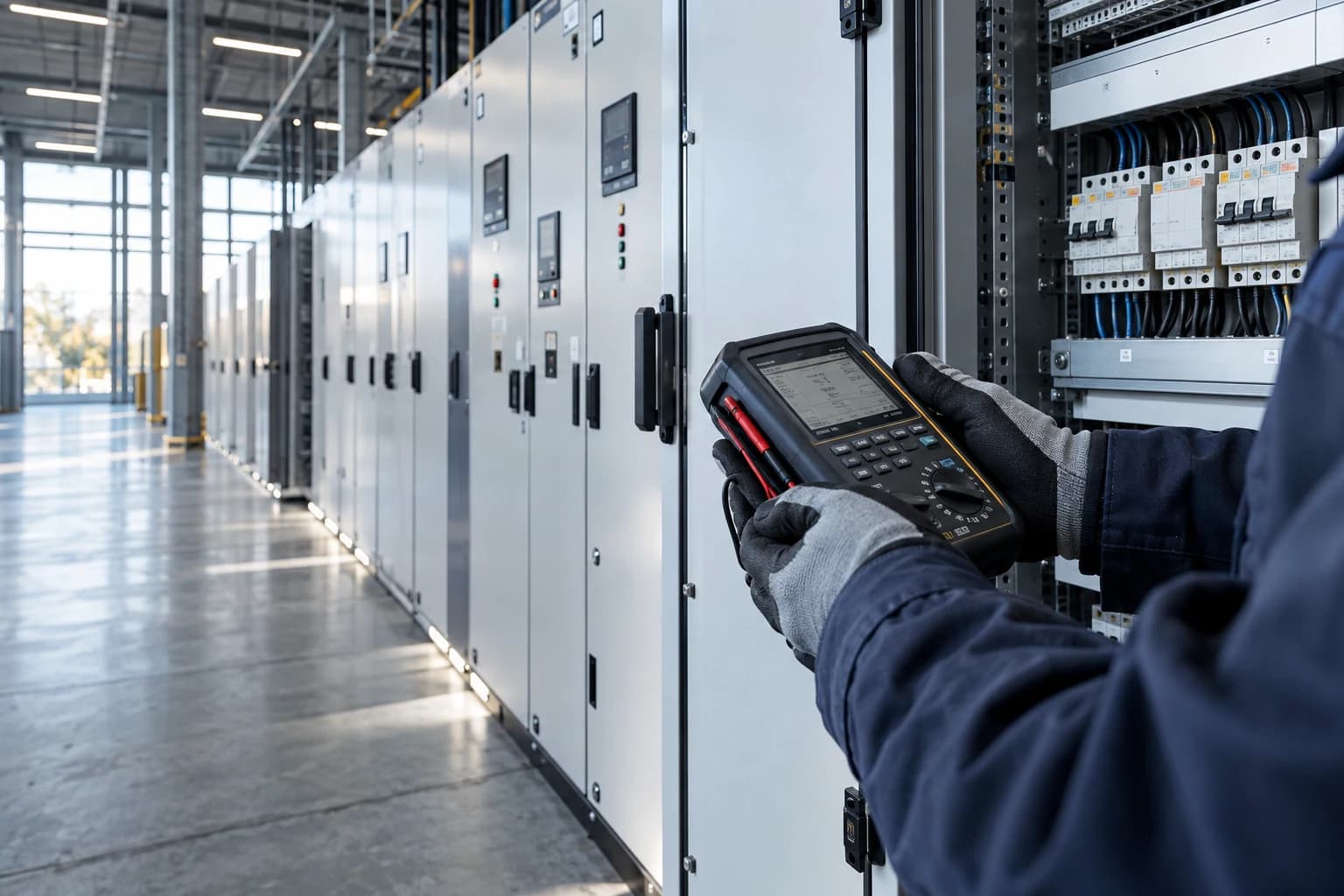 Elektroprüfung mit Installationstester vor einer geschützten Verteilung