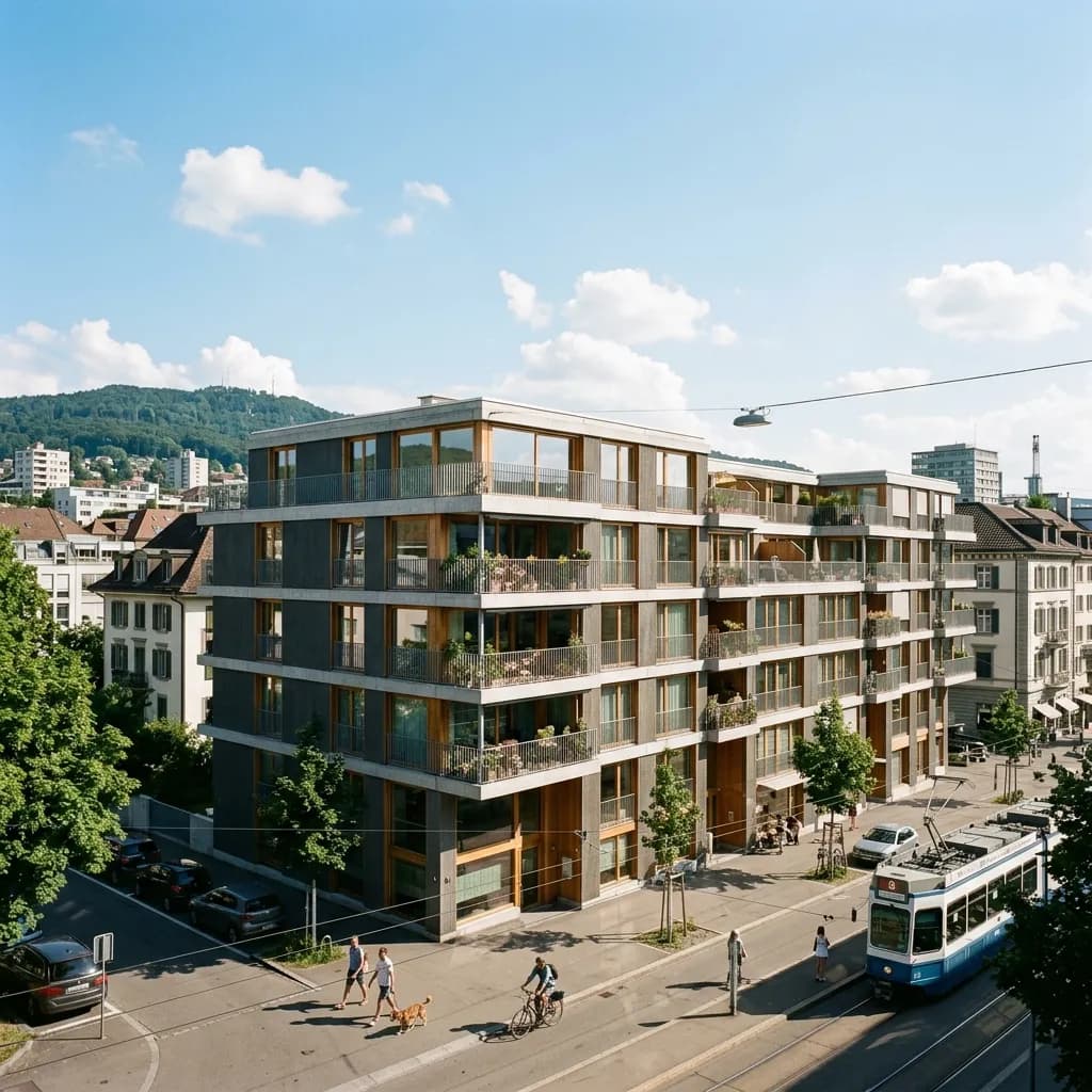 Mehrgeschossiges Wohnhaus mit umlaufenden Balkonen an einer städtischen Strasse mit Tram