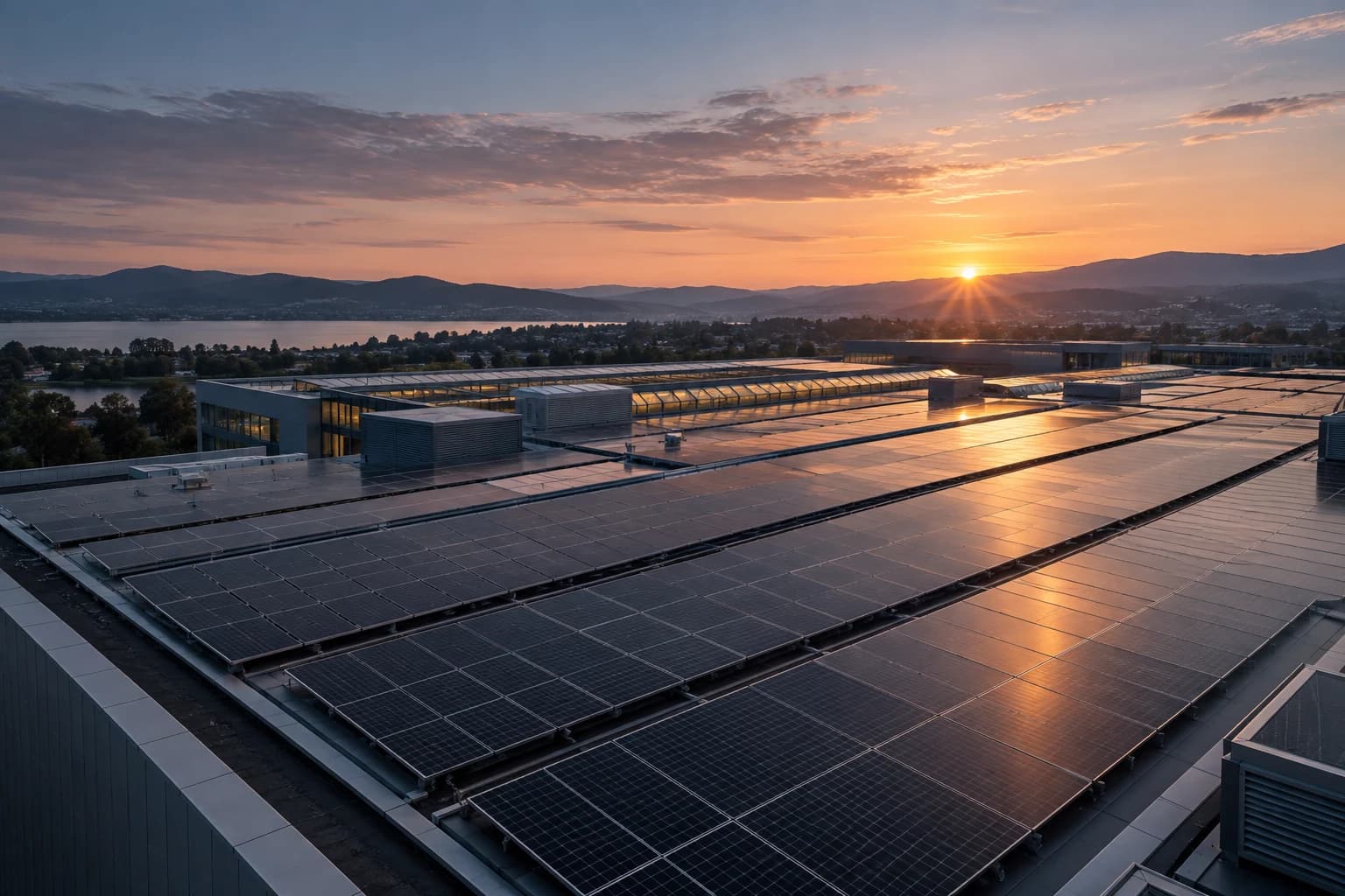 Grossflächige Photovoltaik auf einem Gewerbecampus im Morgenlicht