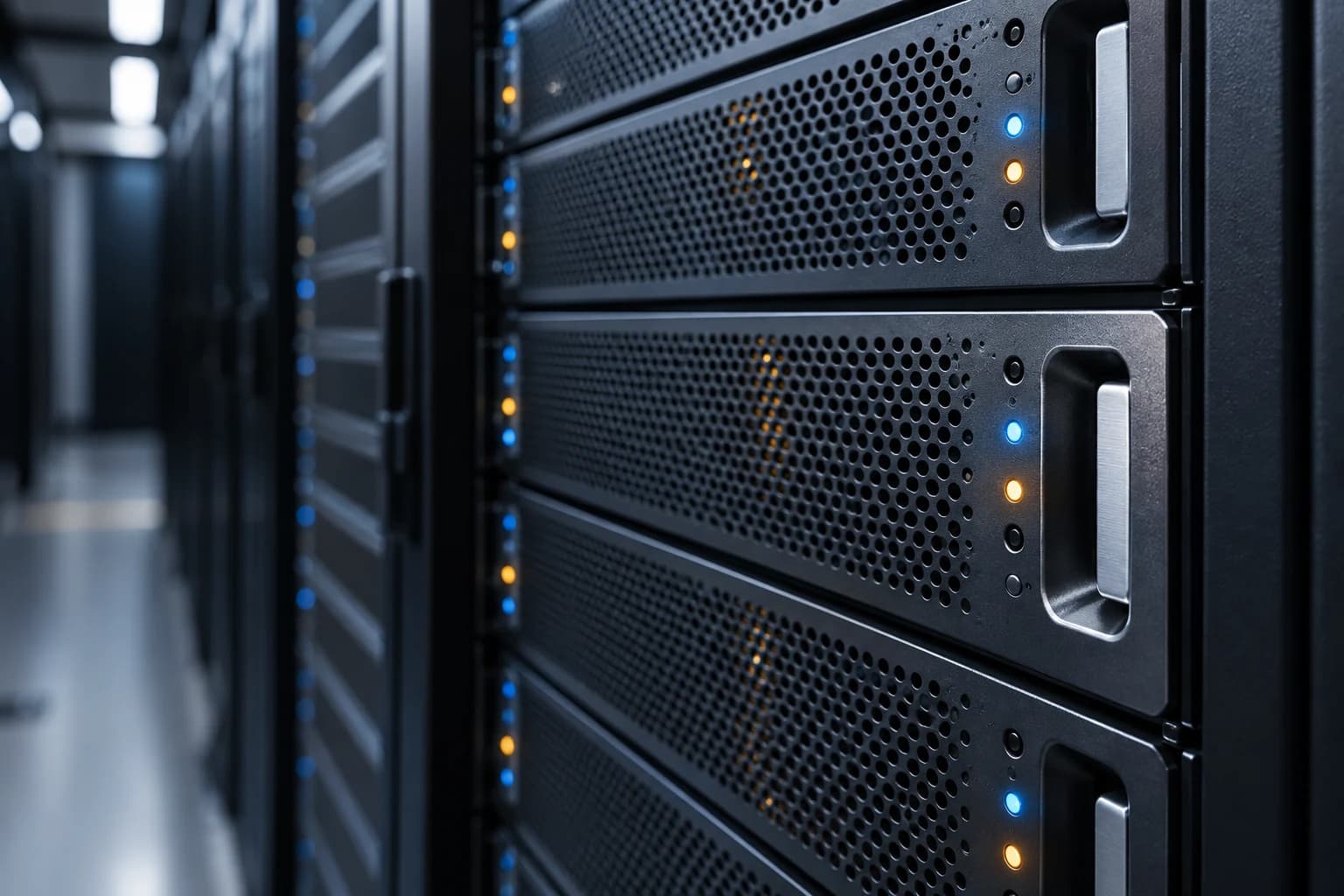 Perforierte Serverfront mit dezenten blauen und gelben Statusanzeigen
