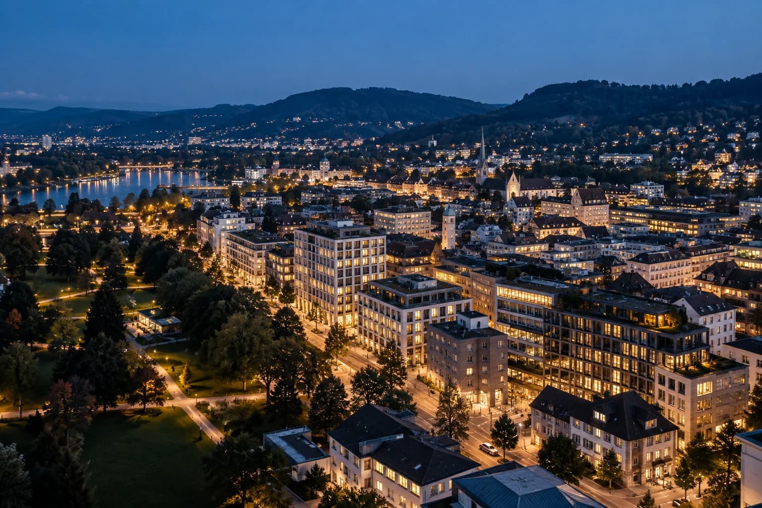 Schweizer Stadtquartier mit Unternehmensgebäuden und Wohnbauten in der Abenddämmerung